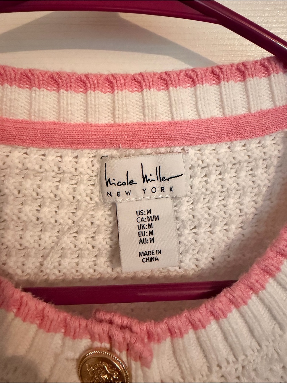 Nicole Miller White Knit Cardigan with Pink Trim and Gold Buttons - Picture 2 of 4